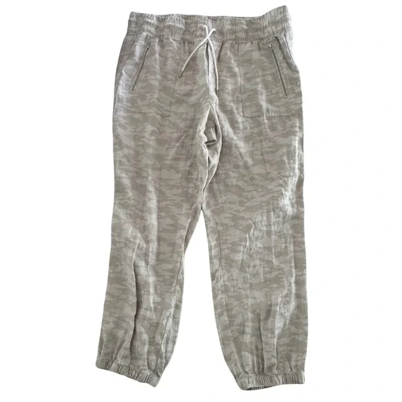 Athleta Cabo Tide Linen Jogger Sz 18 Neutral Camo Beige Mid Rise Zip Pocket NWT - Picture 4 of 13